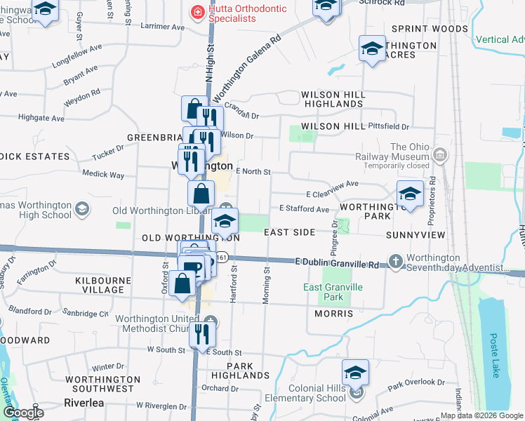 map of restaurants, bars, coffee shops, grocery stores, and more near 100 East Stafford Avenue in Worthington