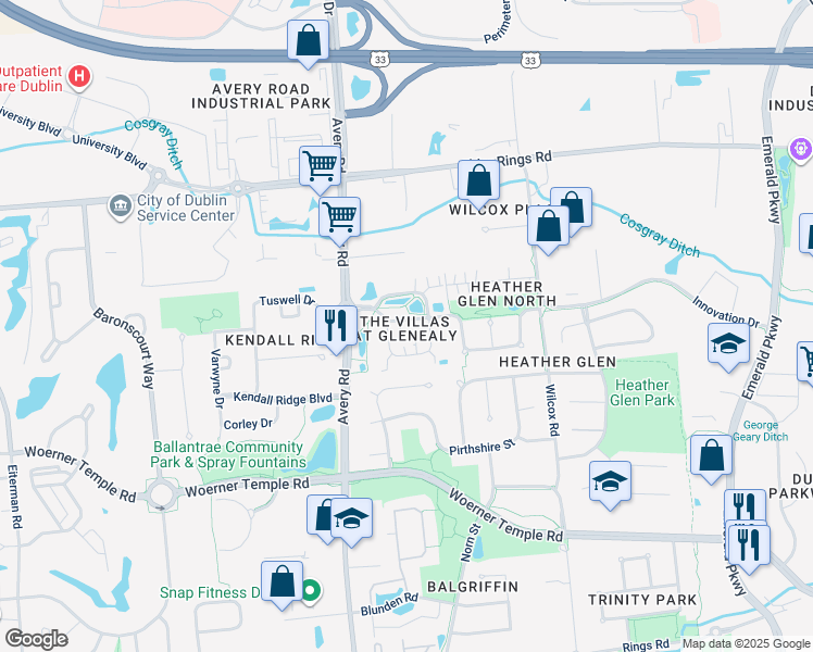 map of restaurants, bars, coffee shops, grocery stores, and more near 6174 Donegan Way in Dublin