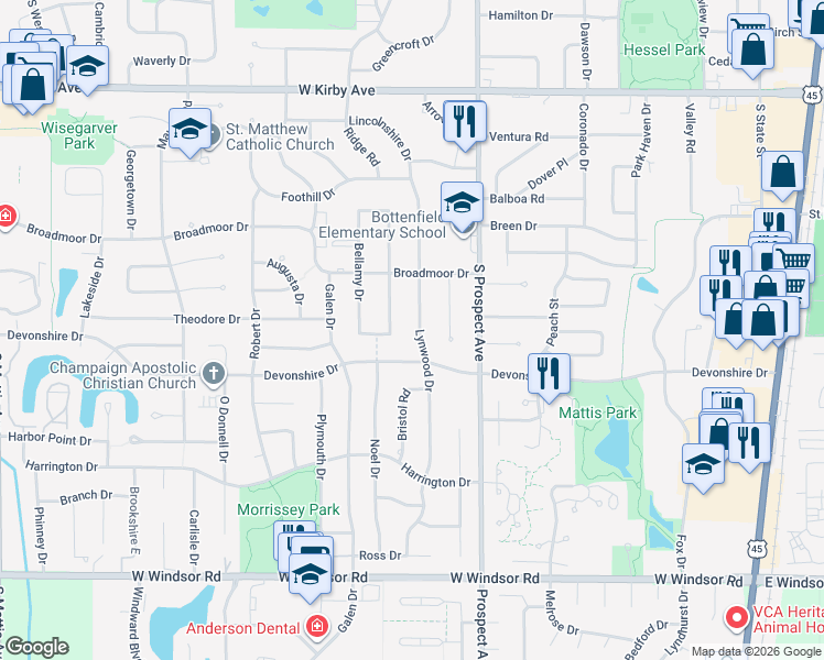 map of restaurants, bars, coffee shops, grocery stores, and more near 2003 Lynwood Drive in Champaign