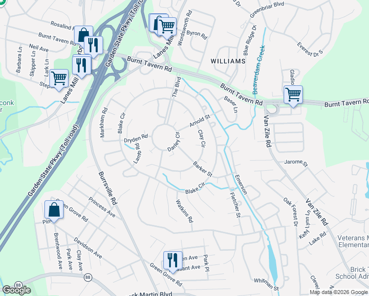 map of restaurants, bars, coffee shops, grocery stores, and more near 10 Barker Street in Brick Township