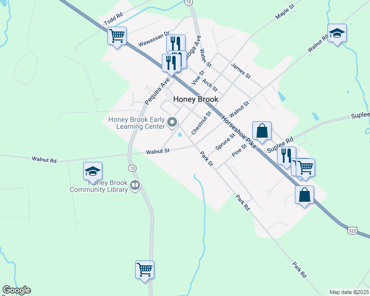 map of restaurants, bars, coffee shops, grocery stores, and more near 1287 Walnut Street in Honey Brook