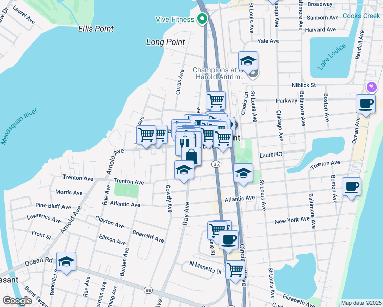 map of restaurants, bars, coffee shops, grocery stores, and more near 529b Bay Avenue in Point Pleasant