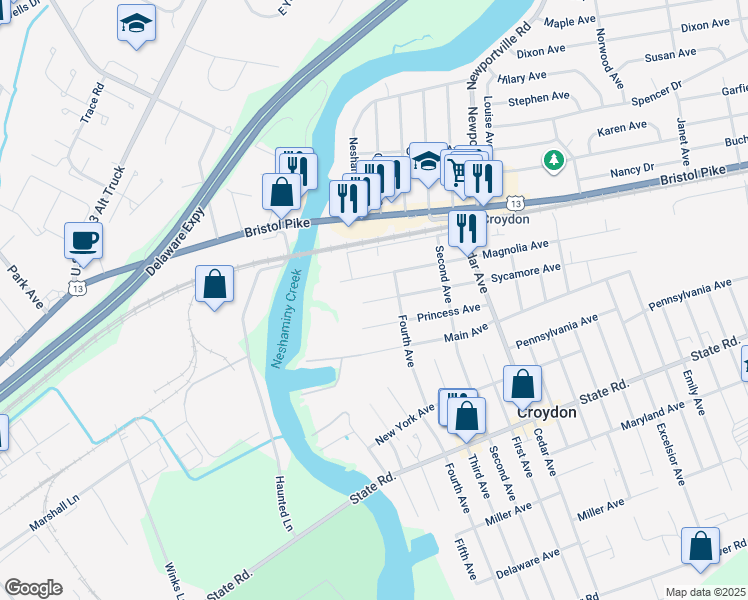 map of restaurants, bars, coffee shops, grocery stores, and more near 413 Sycamore Avenue in Croydon