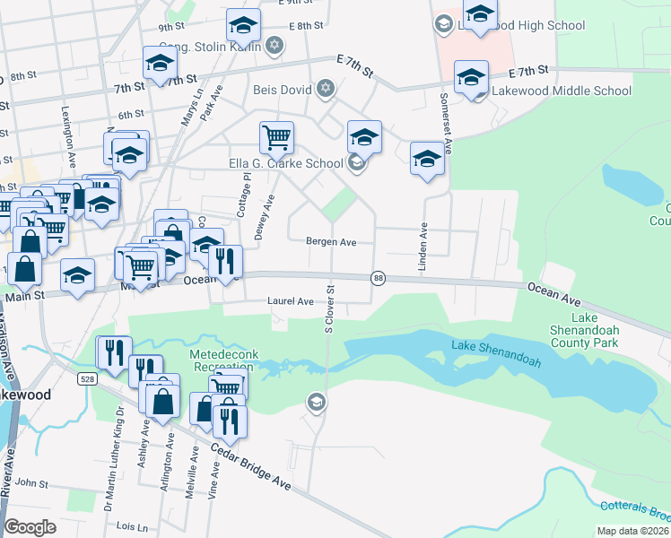 map of restaurants, bars, coffee shops, grocery stores, and more near 14 South Clover Street in Lakewood