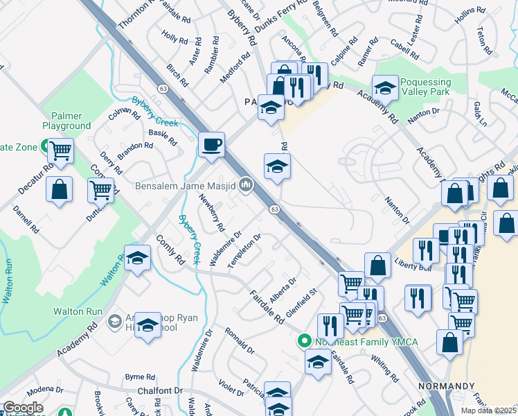 map of restaurants, bars, coffee shops, grocery stores, and more near 12046 Waldemire Drive in Philadelphia