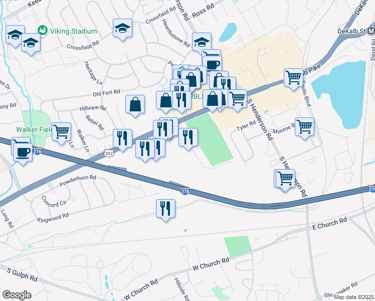 map of restaurants, bars, coffee shops, grocery stores, and more near 251 West Dekalb Pike in King of Prussia