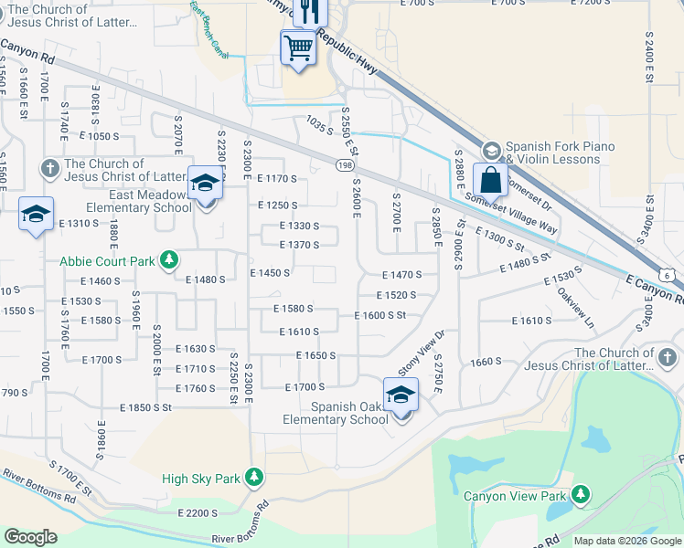 map of restaurants, bars, coffee shops, grocery stores, and more near 1449 South 2490 East in Spanish Fork