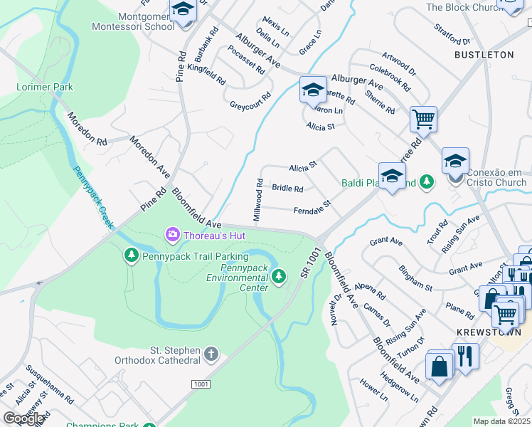 map of restaurants, bars, coffee shops, grocery stores, and more near 8609 Ferndale Street in Philadelphia