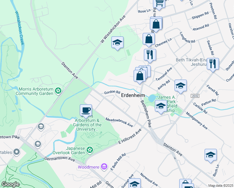map of restaurants, bars, coffee shops, grocery stores, and more near 32 Gordon Road in Erdenheim