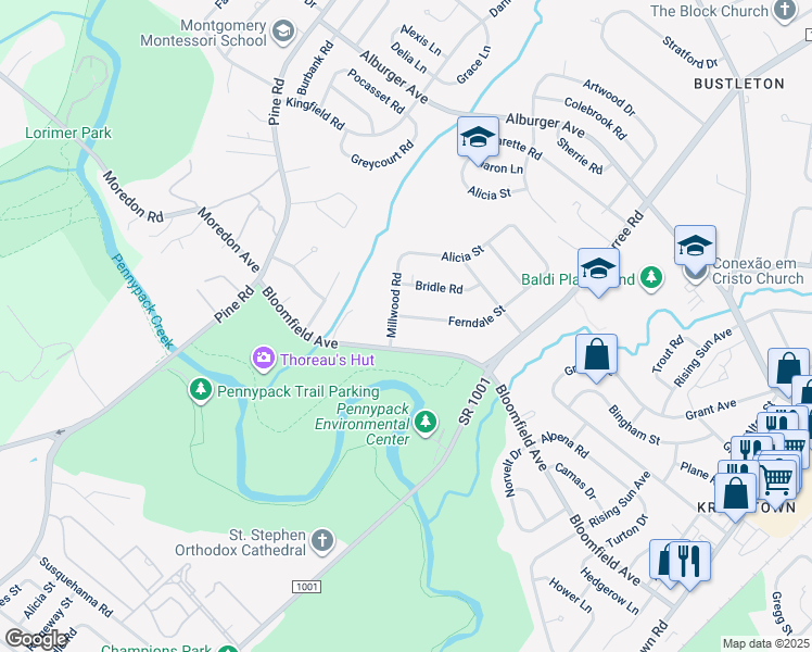 map of restaurants, bars, coffee shops, grocery stores, and more near 8609 Ferndale Street in Philadelphia