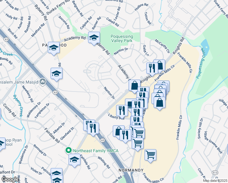 map of restaurants, bars, coffee shops, grocery stores, and more near 12512 Biscayne Drive in Philadelphia