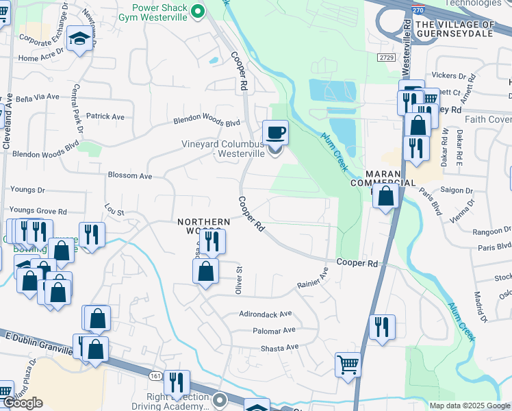 map of restaurants, bars, coffee shops, grocery stores, and more near 3100 Old Providence Lane in Westerville
