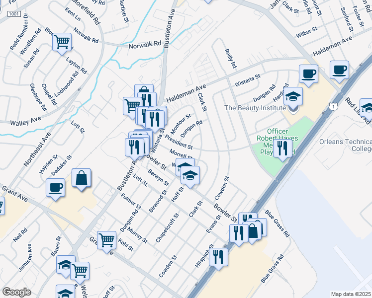 map of restaurants, bars, coffee shops, grocery stores, and more near 1940 President Street in Philadelphia