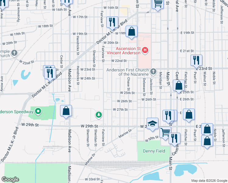 map of restaurants, bars, coffee shops, grocery stores, and more near 2510 Morton Street in Anderson
