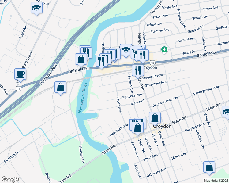 map of restaurants, bars, coffee shops, grocery stores, and more near 434 Sycamore Avenue in Croydon