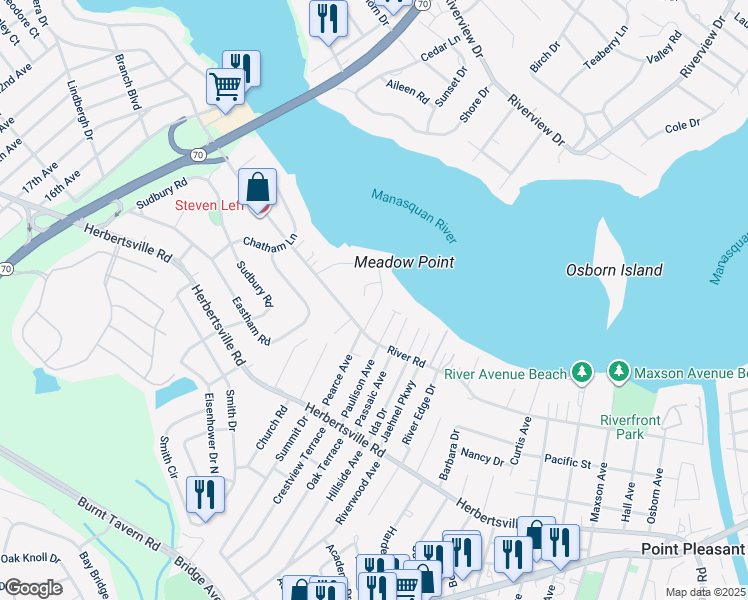 map of restaurants, bars, coffee shops, grocery stores, and more near 113 Meadow Point Road in Point Pleasant