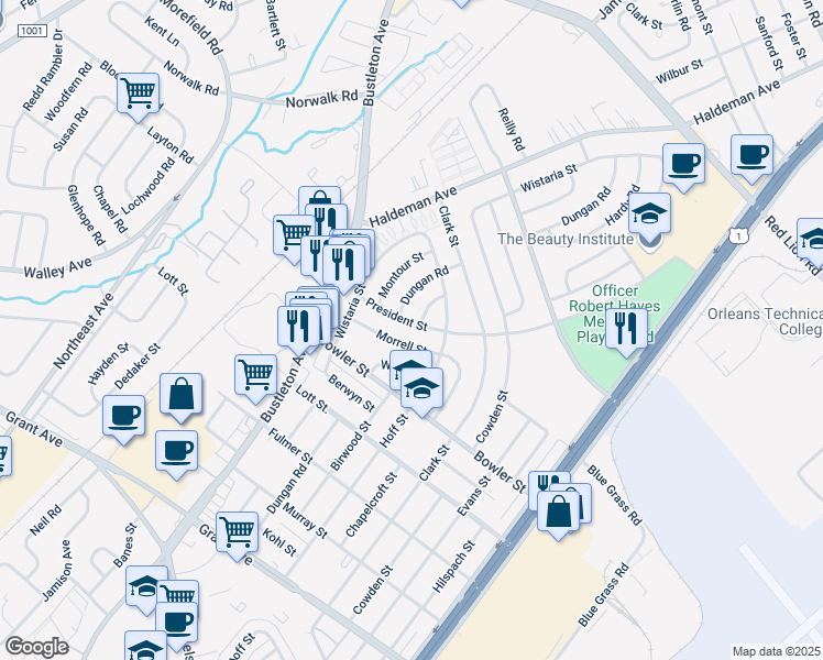 map of restaurants, bars, coffee shops, grocery stores, and more near 1940 President Street in Philadelphia