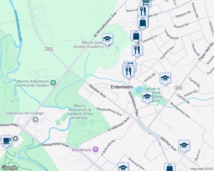 map of restaurants, bars, coffee shops, grocery stores, and more near 32 Gordon Road in Erdenheim