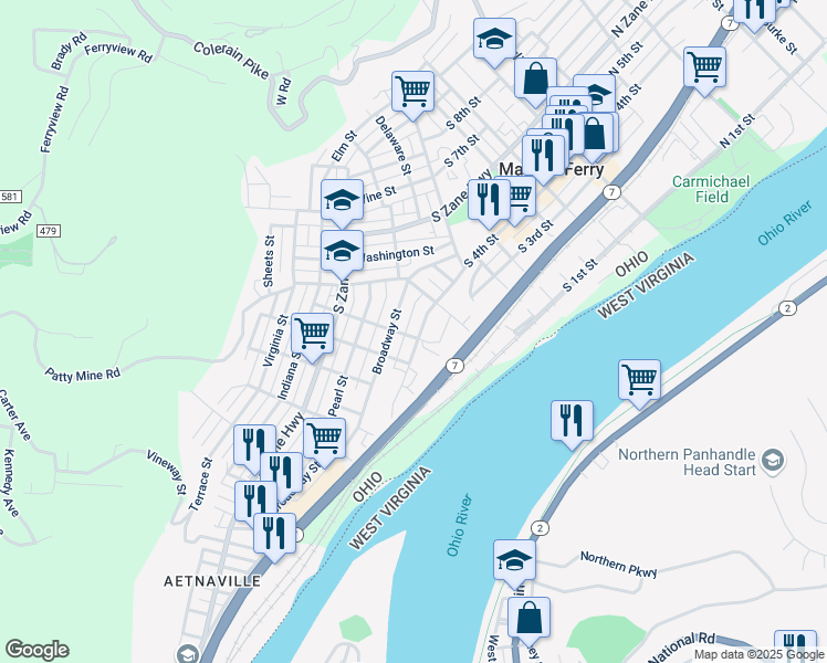 map of restaurants, bars, coffee shops, grocery stores, and more near 803 South 4th Street in Martins Ferry