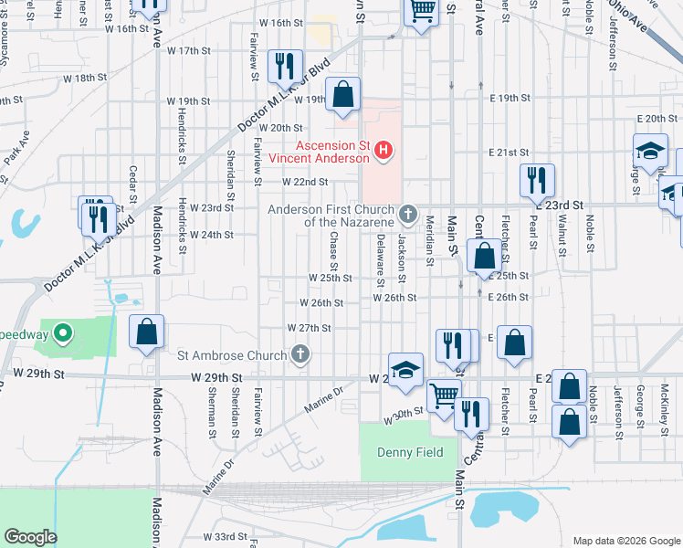 map of restaurants, bars, coffee shops, grocery stores, and more near 2519 Brown Street in Anderson