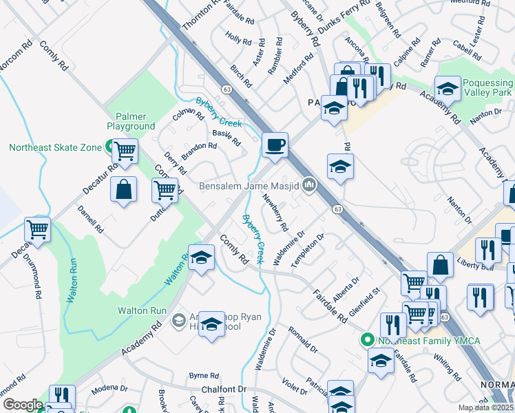 map of restaurants, bars, coffee shops, grocery stores, and more near 3614 Salina Road in Philadelphia