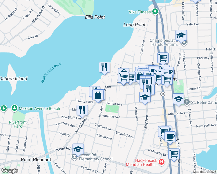 map of restaurants, bars, coffee shops, grocery stores, and more near 860 Arnold Avenue in Point Pleasant