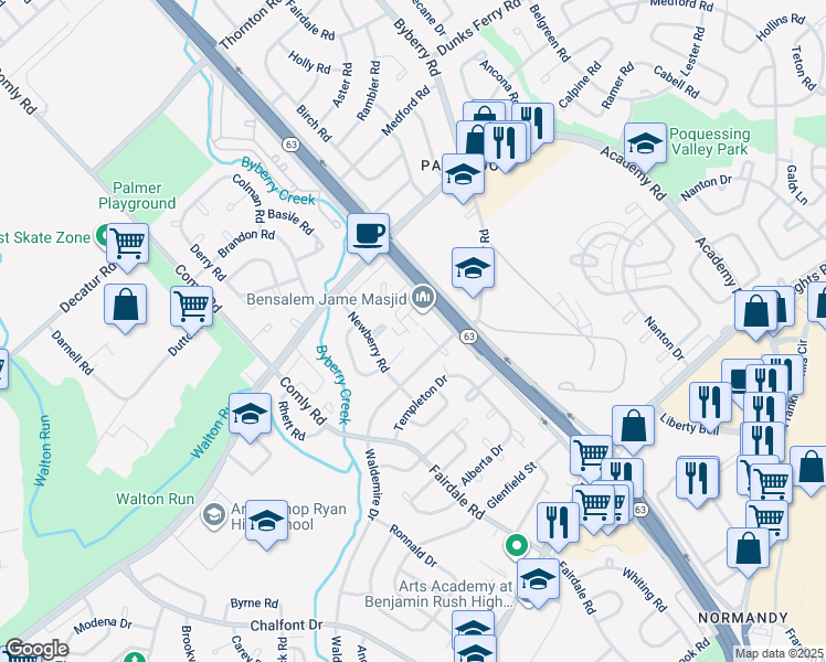 map of restaurants, bars, coffee shops, grocery stores, and more near 12023 Salina Place in Philadelphia