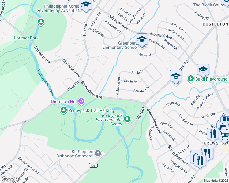 map of restaurants, bars, coffee shops, grocery stores, and more near 8592 Bloomfield Avenue in Philadelphia