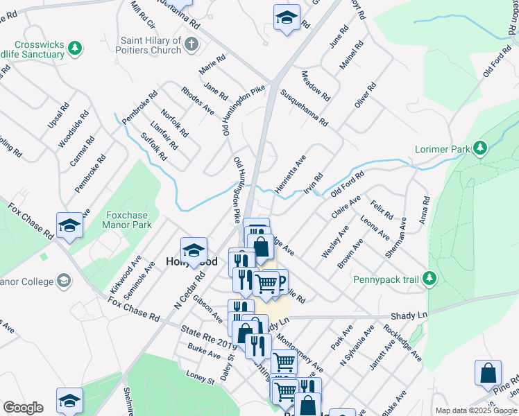 map of restaurants, bars, coffee shops, grocery stores, and more near 907 Huntingdon Pike in Montgomery County