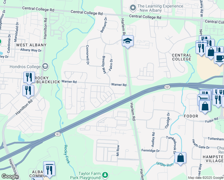 map of restaurants, bars, coffee shops, grocery stores, and more near Albany Springs Drive in Westerville