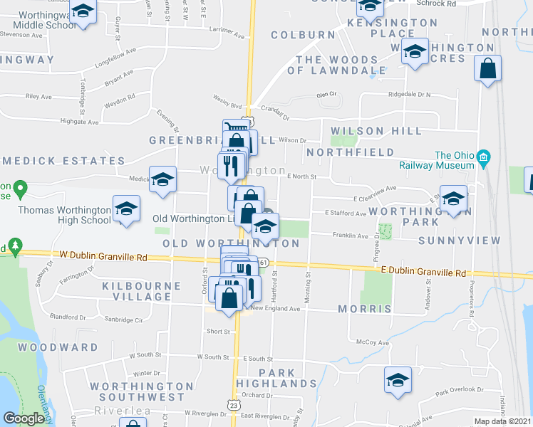 map of restaurants, bars, coffee shops, grocery stores, and more near 809 Hartford Street in Worthington