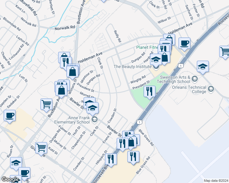 map of restaurants, bars, coffee shops, grocery stores, and more near 9800 Cowden Street in Philadelphia