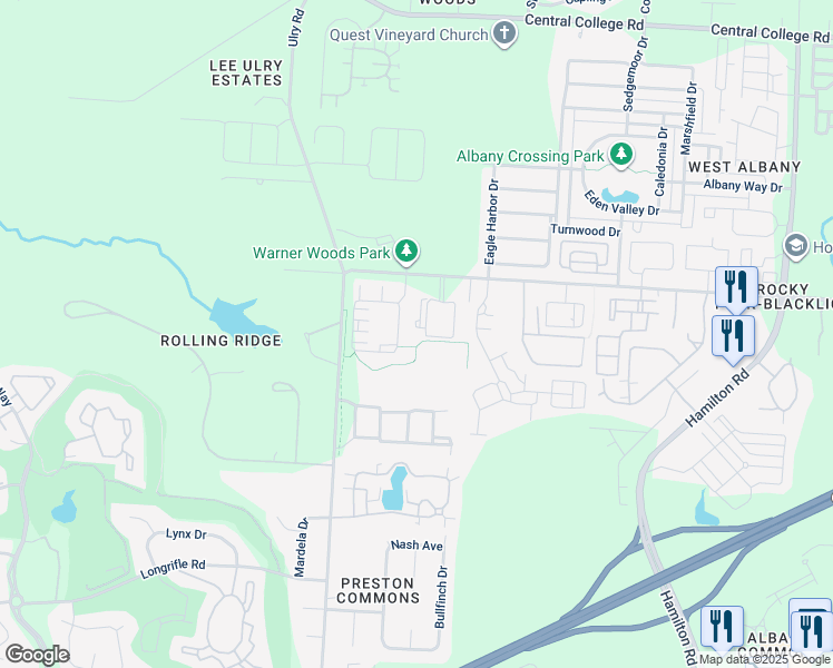 map of restaurants, bars, coffee shops, grocery stores, and more near 5467 Holister Drive in Westerville