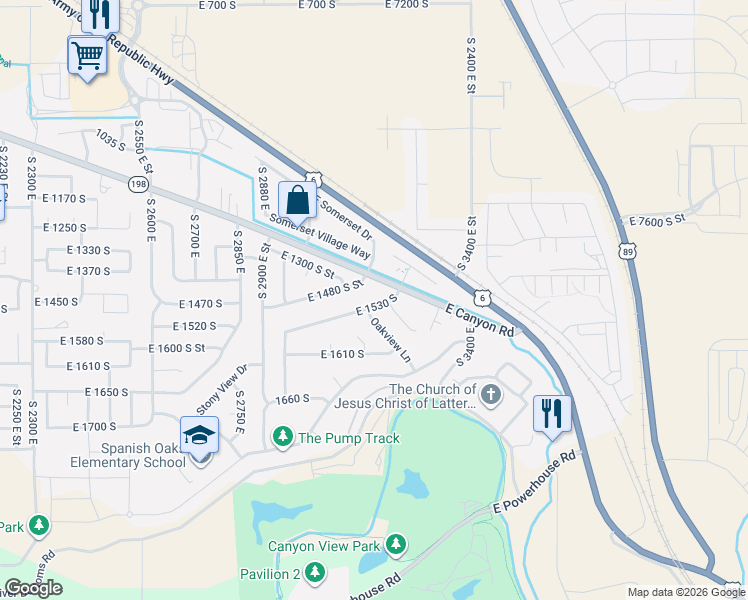 map of restaurants, bars, coffee shops, grocery stores, and more near 3147 East 1530 South in Spanish Fork