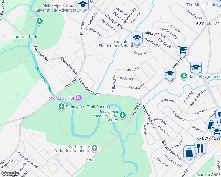 map of restaurants, bars, coffee shops, grocery stores, and more near 8592 Bloomfield Avenue in Philadelphia