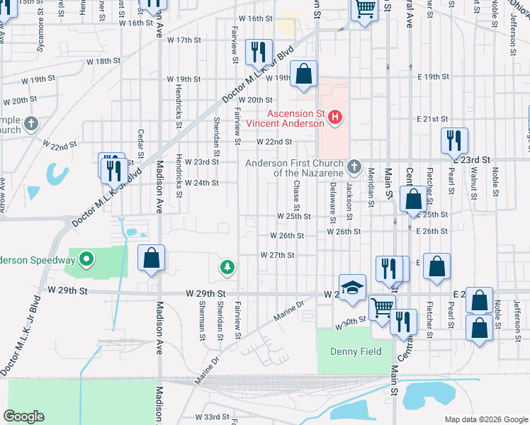 map of restaurants, bars, coffee shops, grocery stores, and more near 2510 Morton Street in Anderson