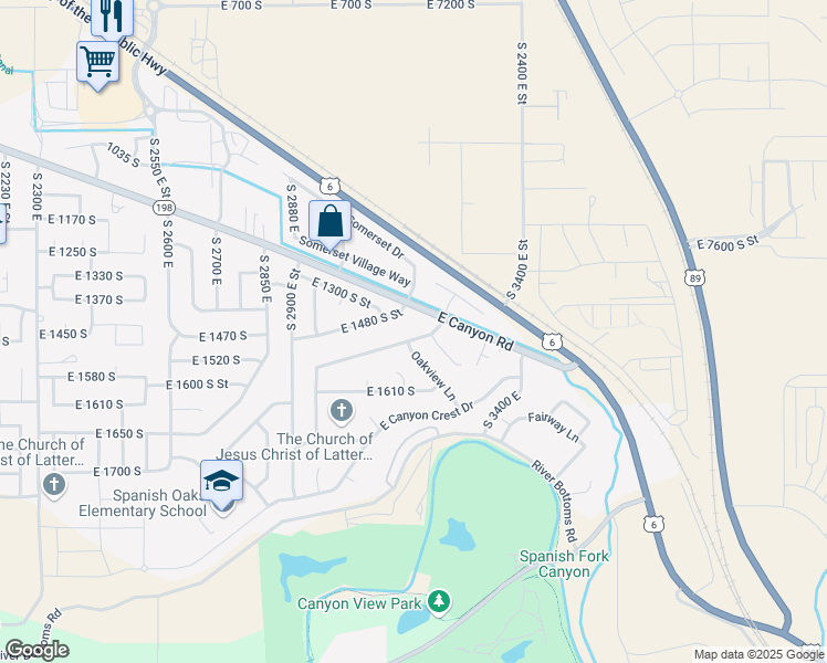 map of restaurants, bars, coffee shops, grocery stores, and more near 3147 East 1530 South in Spanish Fork