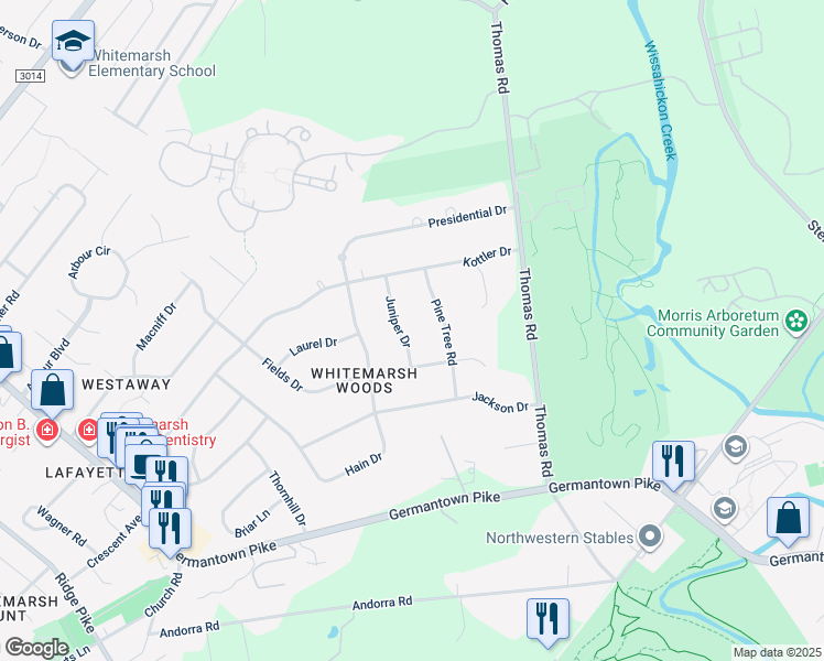 map of restaurants, bars, coffee shops, grocery stores, and more near 829 Juniper Drive in Montgomery County