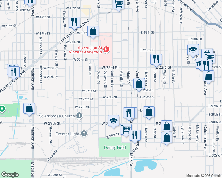 map of restaurants, bars, coffee shops, grocery stores, and more near in Anderson