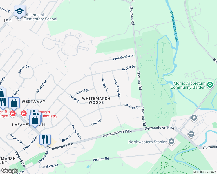 map of restaurants, bars, coffee shops, grocery stores, and more near 829 Juniper Drive in Montgomery County