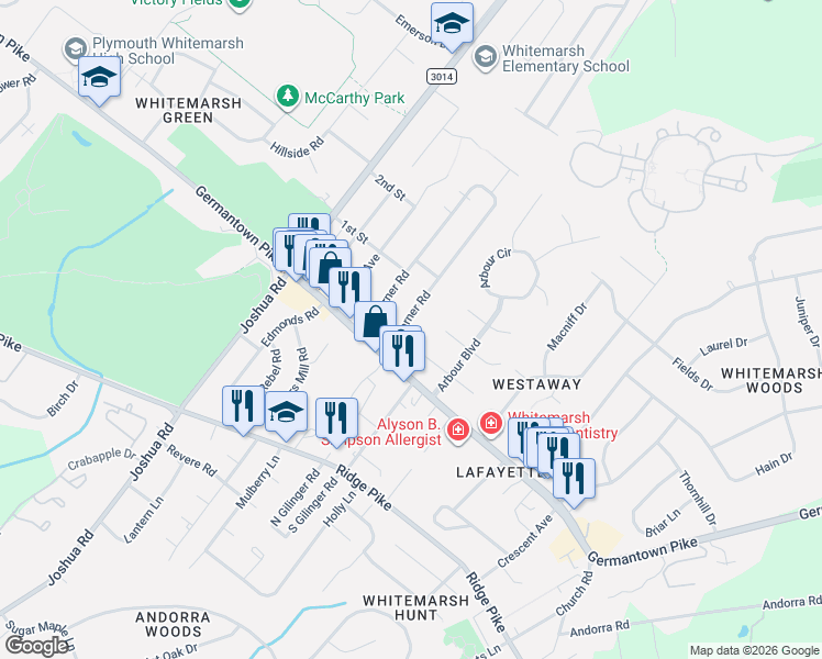 map of restaurants, bars, coffee shops, grocery stores, and more near 459 North Sweet Gum Lane in Lafayette Hill
