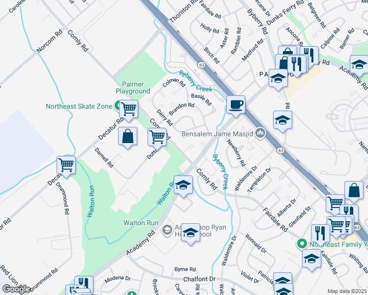 map of restaurants, bars, coffee shops, grocery stores, and more near 3205 Comly Place in Philadelphia