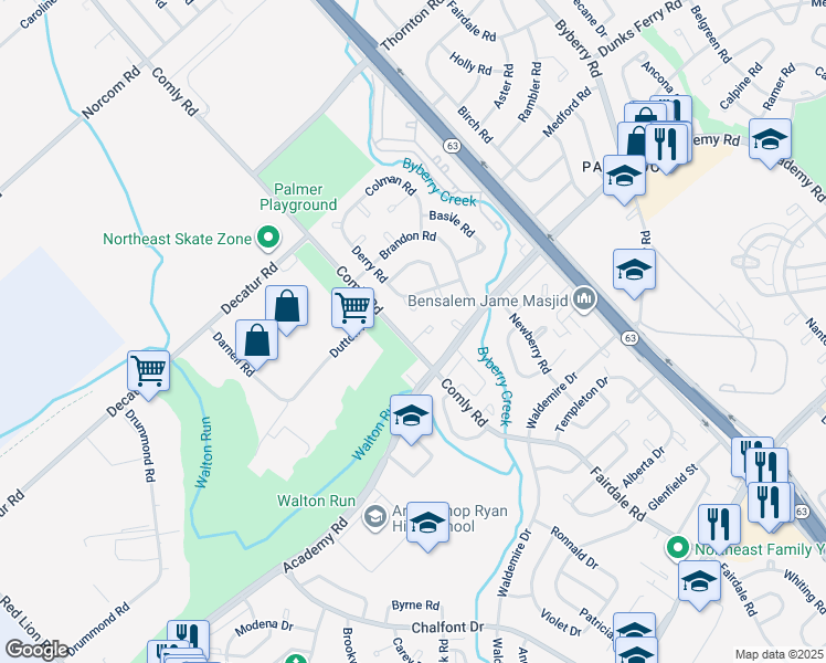map of restaurants, bars, coffee shops, grocery stores, and more near 3205 Comly Place in Philadelphia