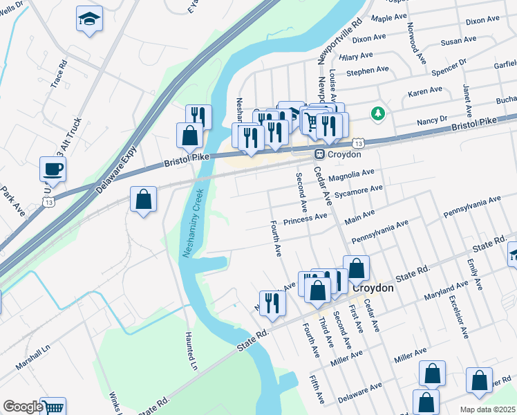 map of restaurants, bars, coffee shops, grocery stores, and more near 425 Sycamore Avenue in Croydon