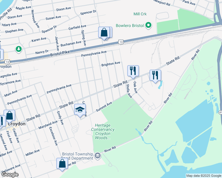 map of restaurants, bars, coffee shops, grocery stores, and more near 802 Logan Avenue in Croydon