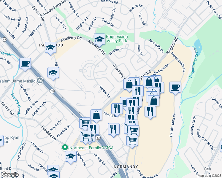 map of restaurants, bars, coffee shops, grocery stores, and more near 12520 Biscayne Drive in Philadelphia