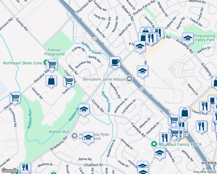 map of restaurants, bars, coffee shops, grocery stores, and more near 3610 Salina Road in Philadelphia