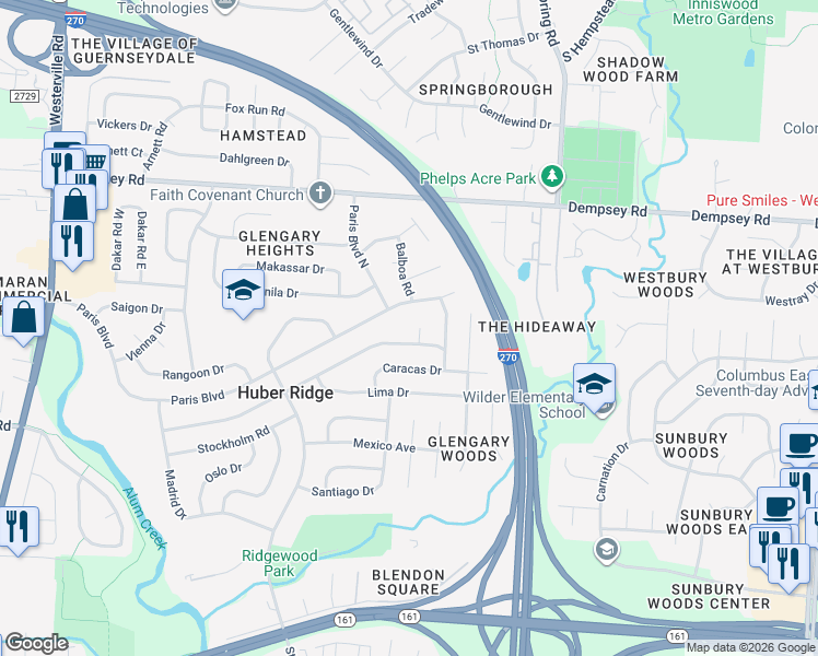 map of restaurants, bars, coffee shops, grocery stores, and more near 3725 Panama Drive in Westerville