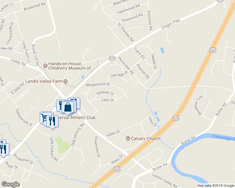map of restaurants, bars, coffee shops, grocery stores, and more near 1006 Roesser Drive in Lancaster