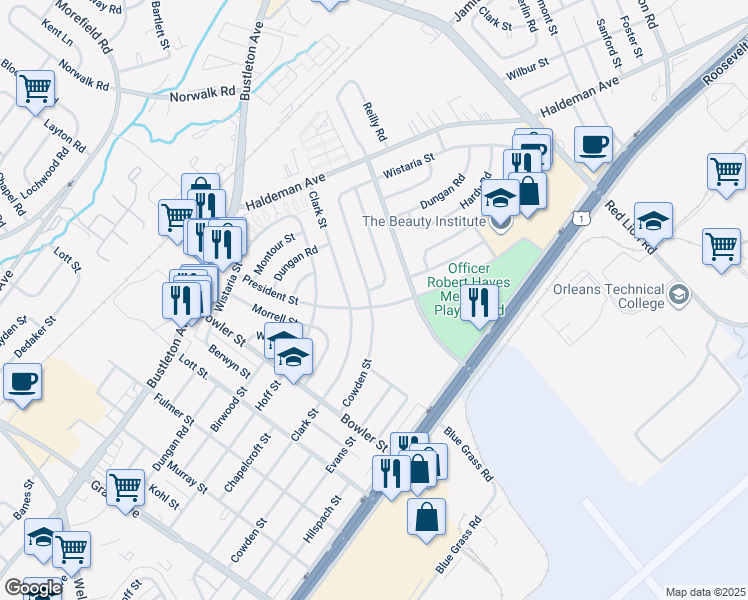 map of restaurants, bars, coffee shops, grocery stores, and more near 2101 President Street in Philadelphia